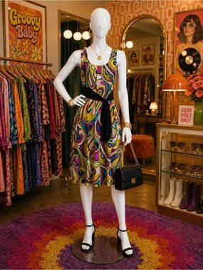 JFW Multicolor Swirl Midi Dress with Black Waistband